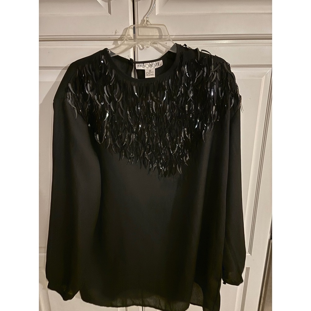 Harbour Vue Vintage Black Sequin Fringe Blouse‎ Long Sleeve Sheer Top Womens 2X